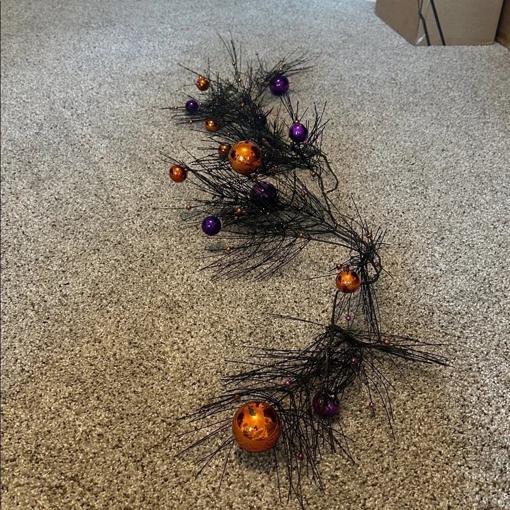 Happy Halloween 🎃 Sparkly Black Garland w/Orange & Purple Balls, Approx 53”L